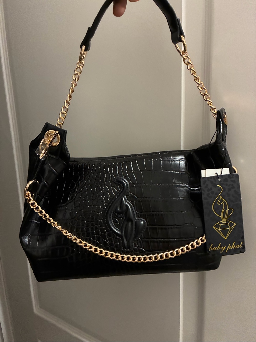 Baby Phat Black Croc-Embossed Shoulder Bag with Gold Chain